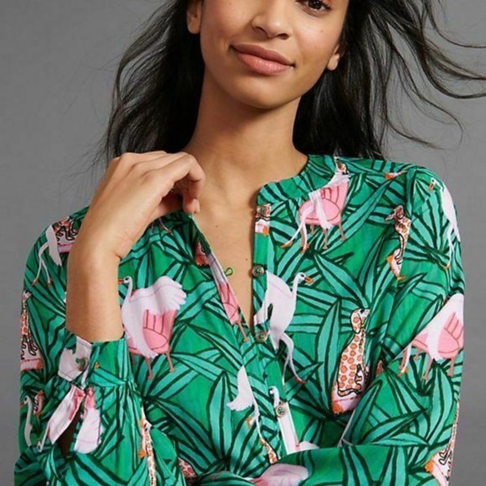 ANTHROPOLOGIE Kendra Dandy Print Blouse Women's 4 Tropical‎ Beachy